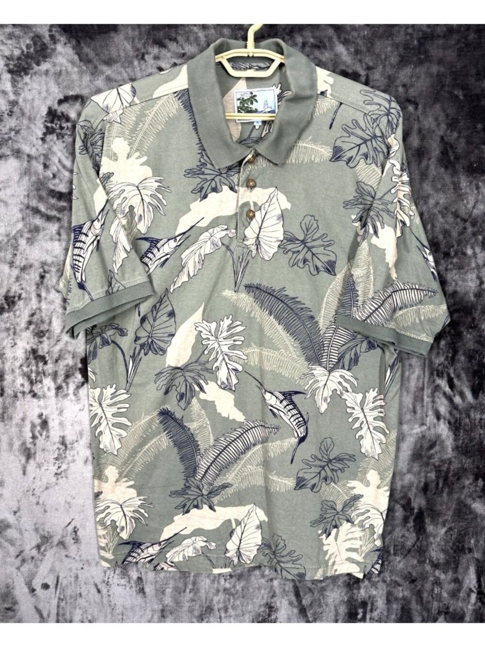 AFTCO Bluewater Hawaiian Polo XL Green Fish Marlin Tropical Print Short Sleeve